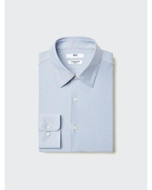 Uniqlo Blue Super Non-Iron Stretch Slim Fit Shirt (Regular Collar, Striped) for men