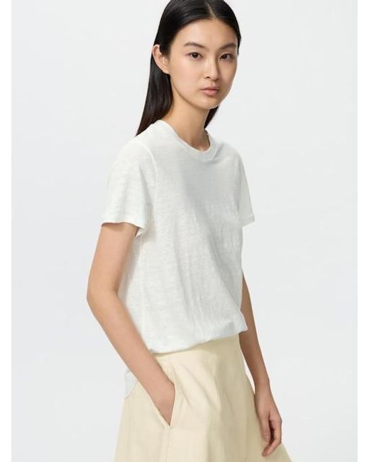 Uniqlo White 100% Linen Crew Neck T-Shirt