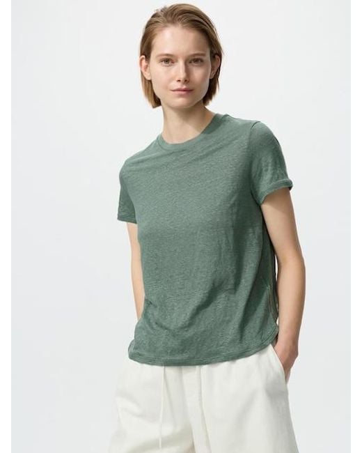 Uniqlo Green 100% Linen Crew Neck T-Shirt