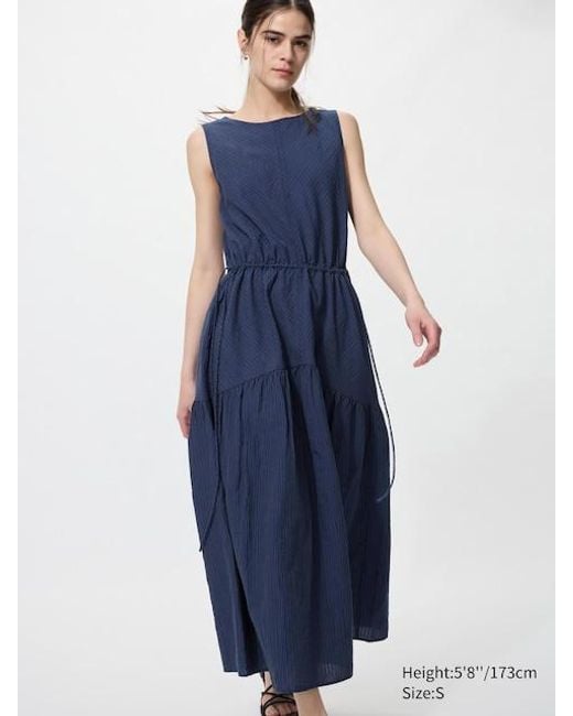 Uniqlo Blue Linen Blend Tiered Dress (Sleeveless, Striped)