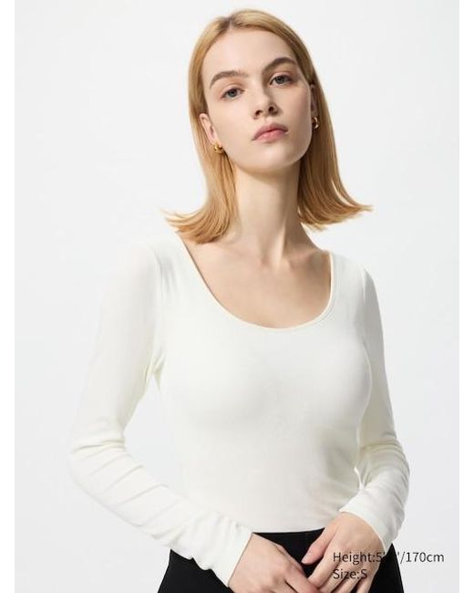 Uniqlo White Heattech Extra Warm Ribbed Scoop Neck Bra T-Shirt (Long Sleeve)