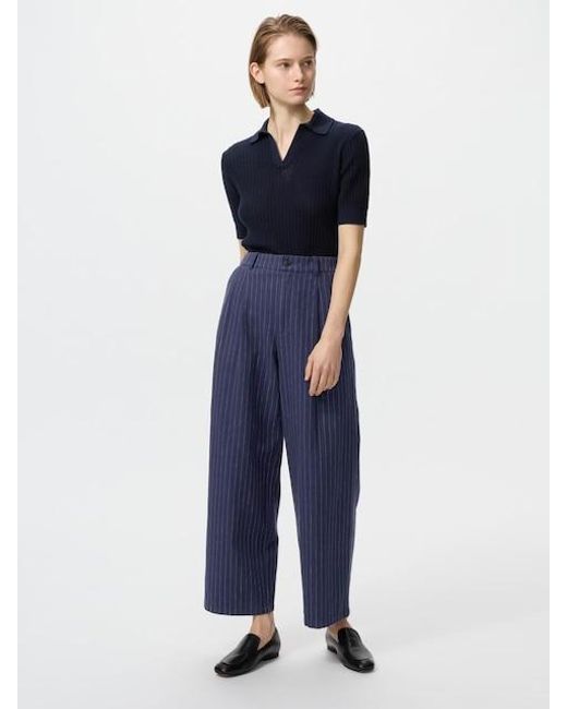 Uniqlo Blue Linen Blend Straight Trousers (Striped)