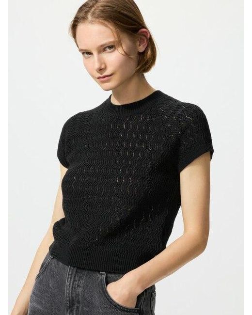 Uniqlo Black Textured Linen Crew Neck Jumper (Short Sleeve)