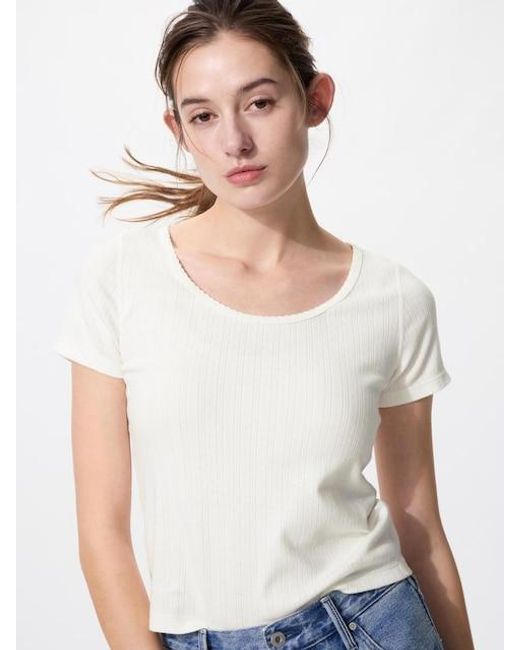 Uniqlo White Pointelle Round Neck Mini T-Shirt