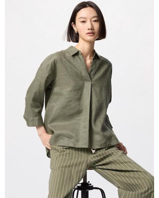 Uniqlo Green 100% Premium Linen Skipper Collar Shirt (3/4 Sleeve)
