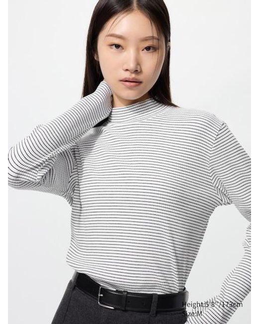 Uniqlo Gray Ribbed High Neck T-Shirt (Long Sleeve, Stripe)
