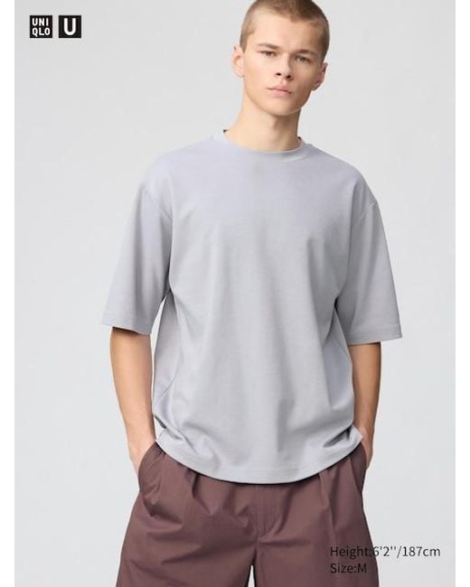 Uniqlo Gray Airism Cotton Oversized Crew Neck T-Shirt for men