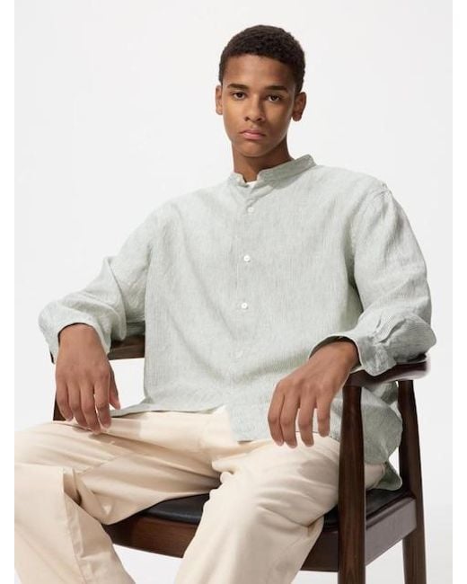 Uniqlo Gray 100% Premium Linen Shirt (Stand Collar, Striped) for men