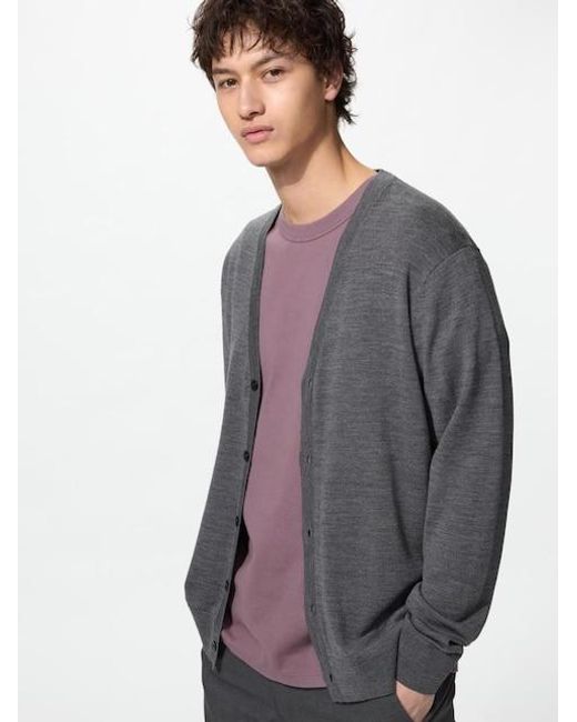 Uniqlo Gray 100% Merino V Neck Cardigan for men