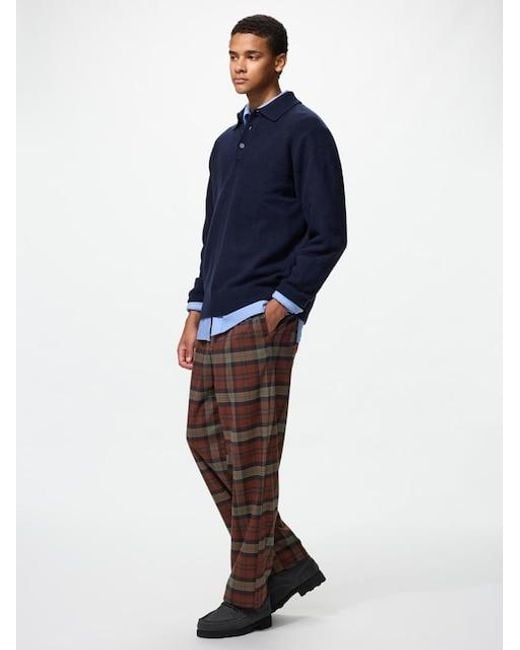 Uniqlo Blue Flannel Easy Ankle Trousers (Checked) for men