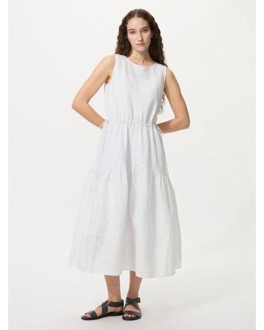 Uniqlo White Linen Blend Tiered Dress (Sleeveless, Striped)
