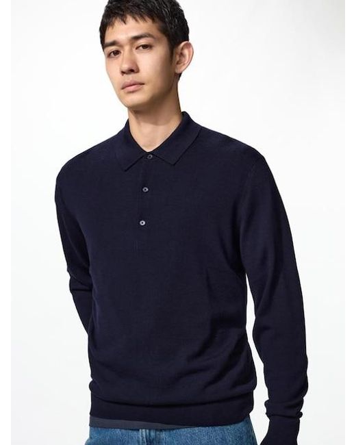 Uniqlo Blue 100% Merino Polo Jumper for men
