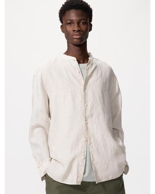 Uniqlo Natural 100% Premium Linen Shirt (Stand Collar, Striped) for men