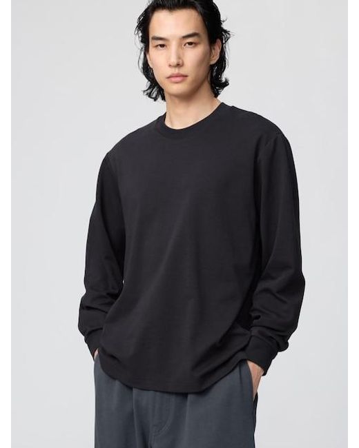 Uniqlo Blue Airism Cotton Crew Neck T-Shirt (Long Sleeve) for men