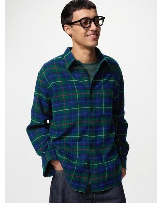 Uniqlo Blue Flannel Shirt (Regular Collar, Checked) for men