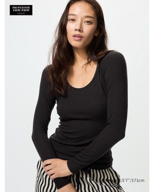 Maglia Termica Heattech Extra Caldo Misto Cashmere A Coste di Uniqlo in Black