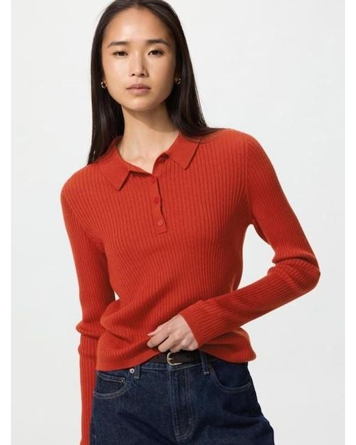 Uniqlo Red 3D Knit Seamless Merino Blend Ribbed Polo Jumper