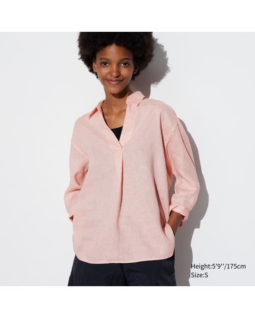 Uniqlo Pink 100 % premium leinen 3/4-arm bluse mit skipperkragen