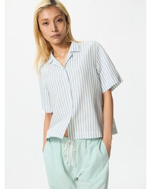 Uniqlo White Linen Blend Open Collar Shirt (Striped, Short Sleeve)