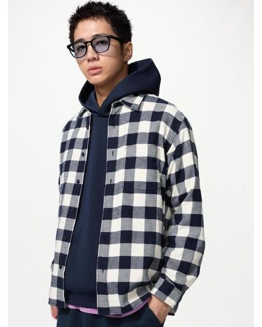 Uniqlo Blue Flannel Shirt (Regular Collar, Checked) for men