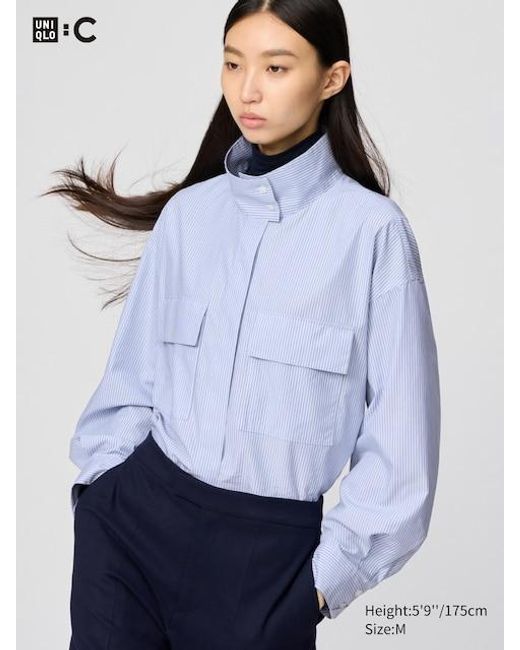 Uniqlo Blue Cotton Stand Collar Shirt (Stripe)