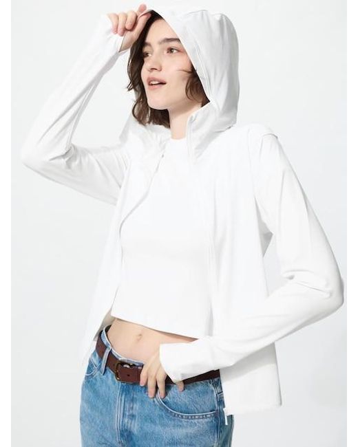 Uniqlo White Ultra Stretch Airism Uv Protection Full-Zip Hoodie