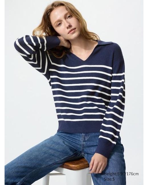 Uniqlo Blue Washable Knit Ribbed Polo Jumper (Striped)