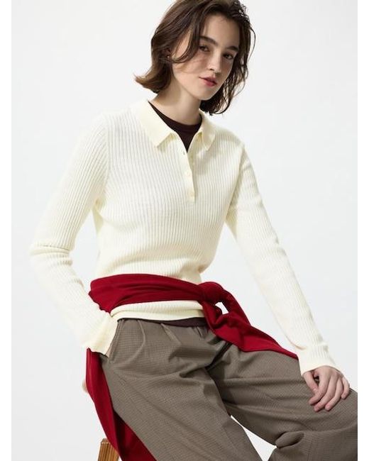 Uniqlo White 3D Knit Seamless Merino Blend Ribbed Polo Jumper