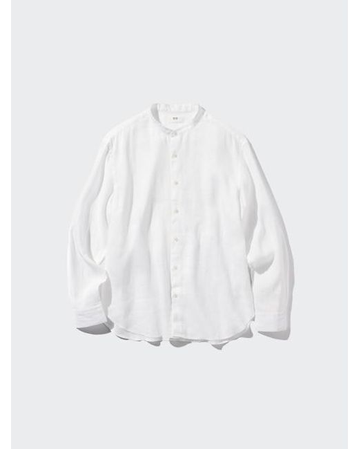 Uniqlo White 100% Premium Linen Shirt (Grandad Collar) for men