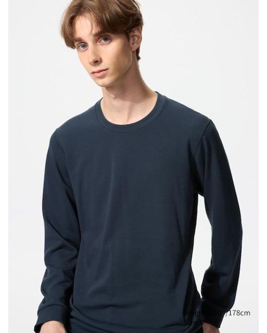Uniqlo Blue Heattech Extra Warm Cotton Crew Neck T-Shirt (Long Sleeve) for men