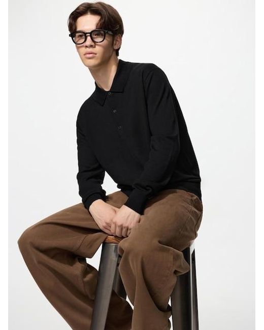 Uniqlo Black 100% Merino Polo Jumper for men