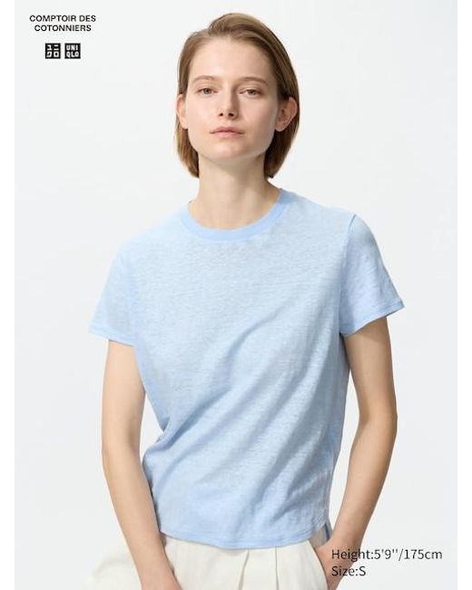Uniqlo Blue 100% Linen Crew Neck T-Shirt