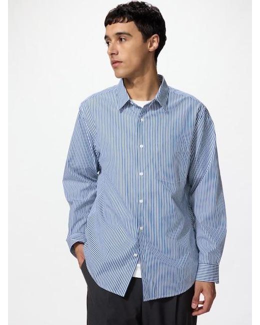 Uniqlo Blue Broadcloth Regular Fit Shirt (Regular Collar, Striped) for men