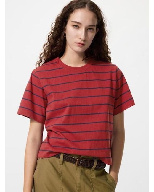 Uniqlo Red Washed Cotton Boxy T-Shirt (Striped)