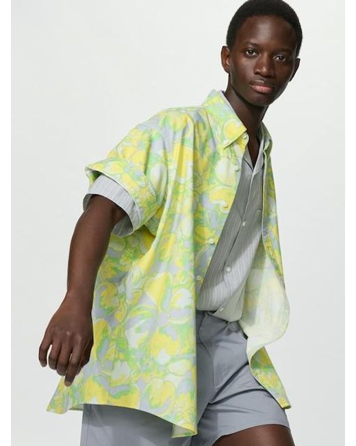 Uniqlo Yellow Oxford Oversized Shirt (Short Sleeve, Floral) for men