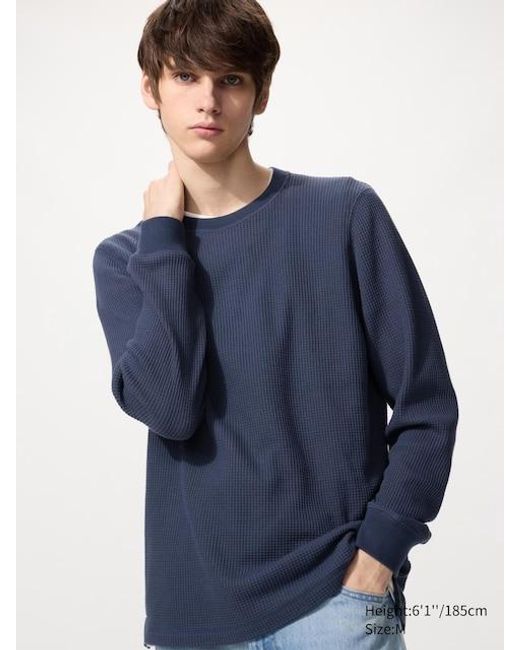 Uniqlo Blue Waffle Crew Neck T-Shirt (Long Sleeve) for men