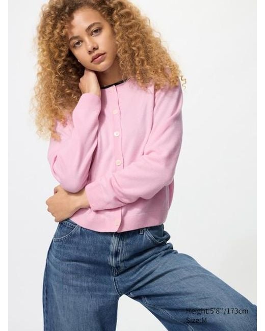 Uniqlo Pink 100% Cashmere Crew Neck Short Cardigan