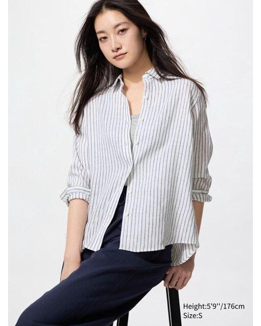 Camicia 100% Lino Premium A Righe di Uniqlo in White