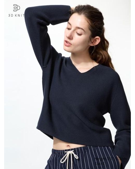 Uniqlo Blue 3D Knit Pullover (Nahtlos, Baumwolle, Relaxed Fit, V-Ausschnitt)