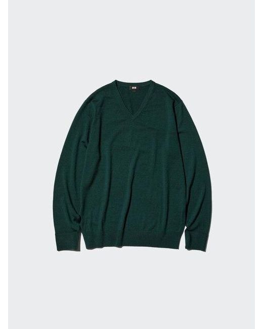 Uniqlo Green Extra Fine Merino V Neck Long Sleeve Sweater for men