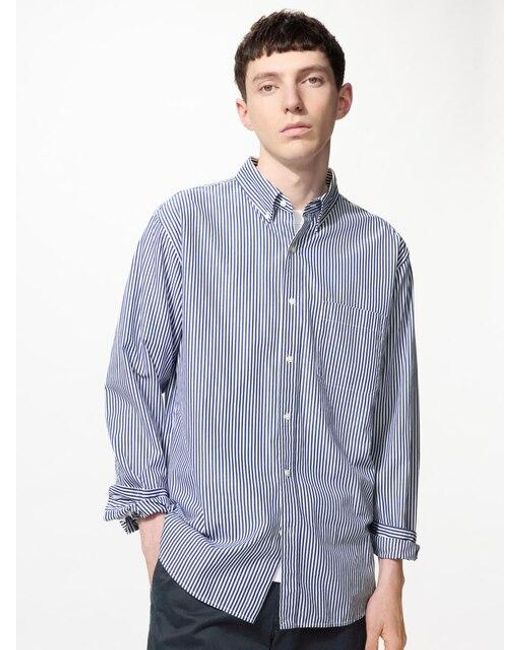 Uniqlo Blue Broadcloth Regular Fit Shirt (Button-Down Collar, Striped) for men