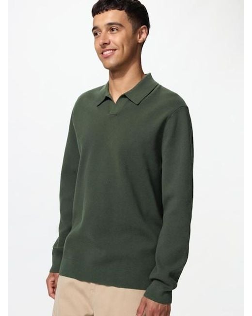 Uniqlo Green Washable Milano Ribbed Skipper Polo Jumper for men