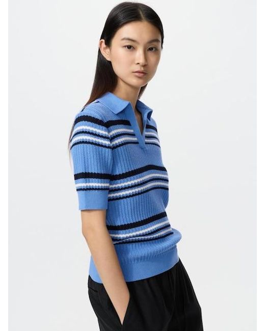 Uniqlo Blue Cotton Pointelle Skipper Polo Jumper (Short Sleeve, Striped)