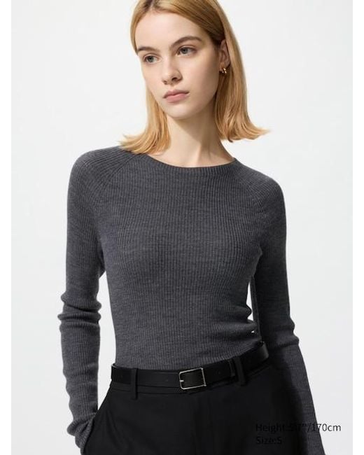 Uniqlo Gray 3D Knit Merinowolle Pullover (Nahtlos, Gerippt, Rundhals)