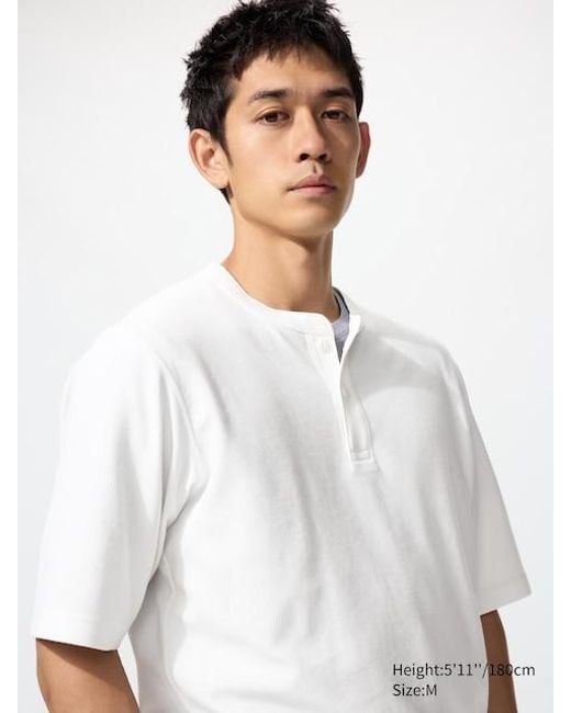 Uniqlo White Dry Waffle Henley Neck T-Shirt for men
