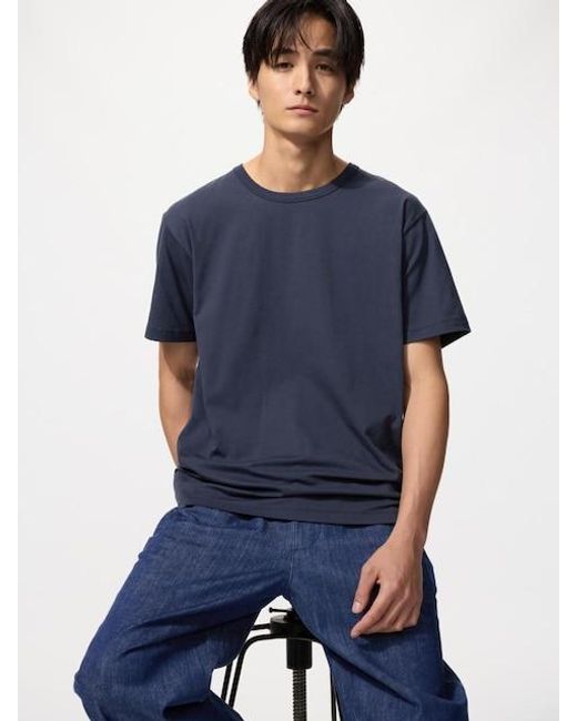 Uniqlo Blue Airism Cotton Crew Neck T-Shirt for men