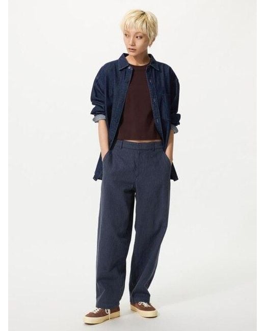 Uniqlo Blue Linen Cotton Tapered Trousers (Striped)