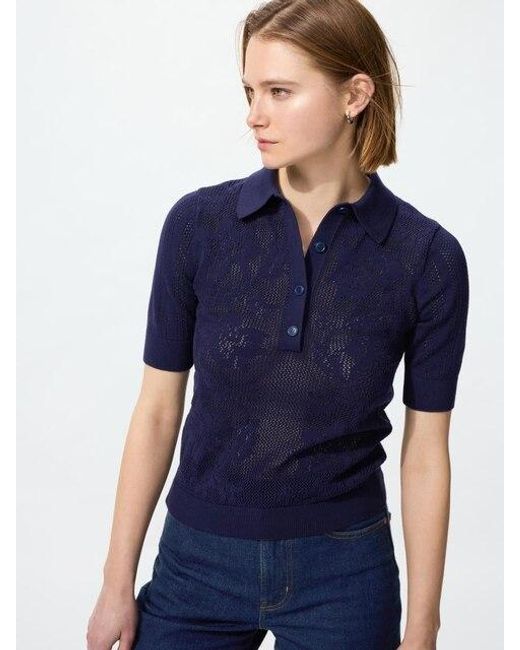 Uniqlo Blue Cotton Crochet Polo Jumper (Short Sleeve)