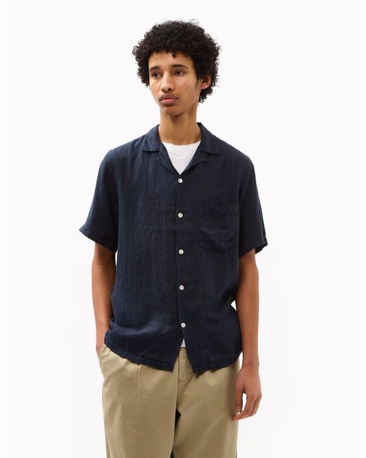 Portuguese Flannel Blue Linen Camp Collar Short Sleeve Shirt for men