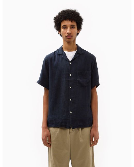 Portuguese Flannel Blue Linen Camp Collar Short Sleeve Shirt for men